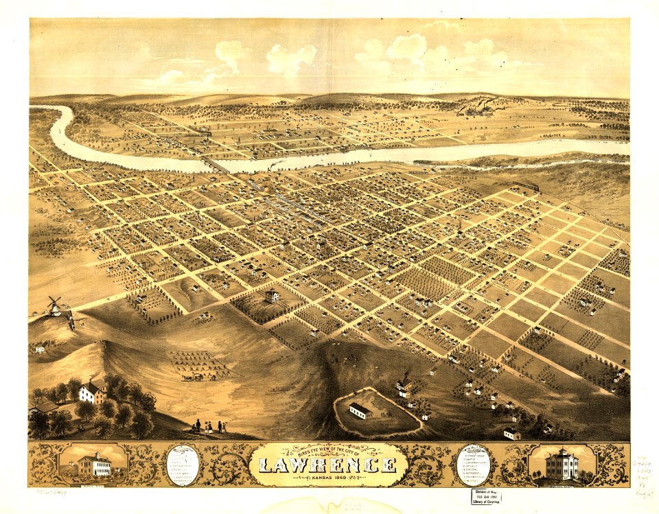 Bird's eye view of the city of Lawrence, Kansas 1869. LOC 73693409