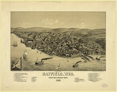 Bird's-eye view of Bayfield, Wis., county seat of Bayfield County-1886 - H. Wellge sk. ; Beck & Pauli, litho., Milwaukee, Wis. LCCN96513713