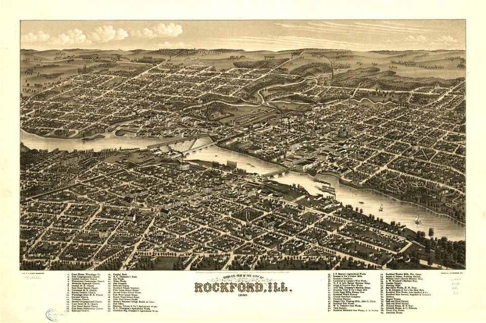 Bird's eye view of the city of Rockford, Ill. 1880. LOC 75693220