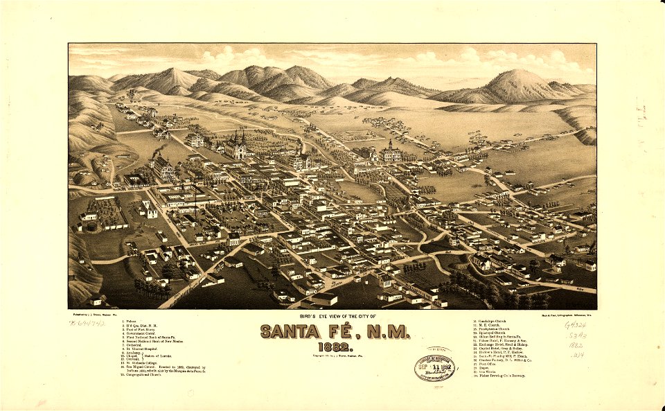 Bird's eye view of the city of Santa Fé, N.M. 1882. LOC 75694742