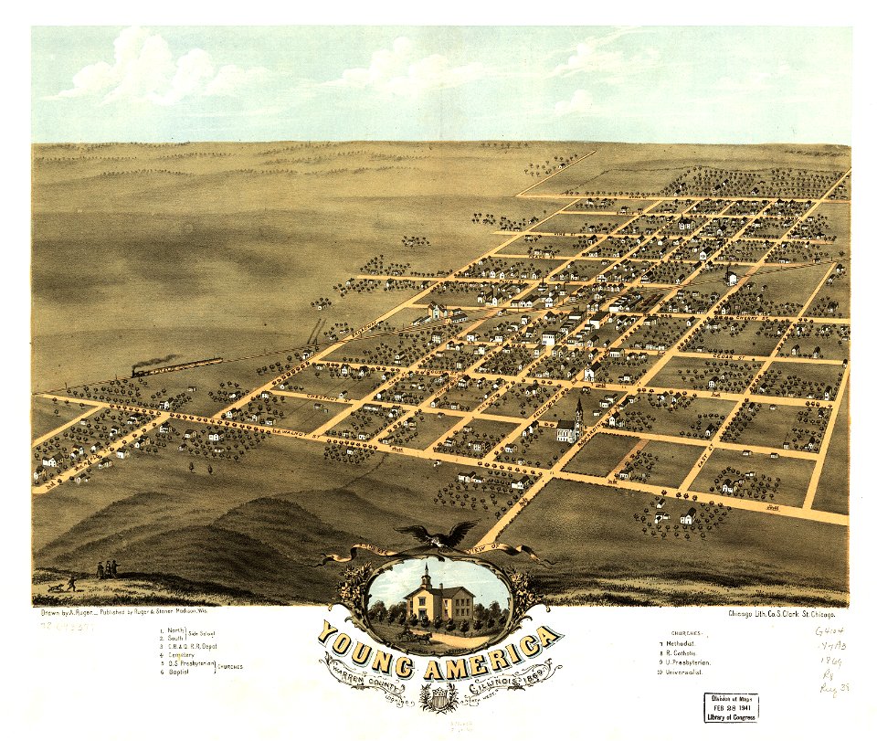 Bird's eye view of Young America, Warren County, Illinois 1869. LOC 73693377