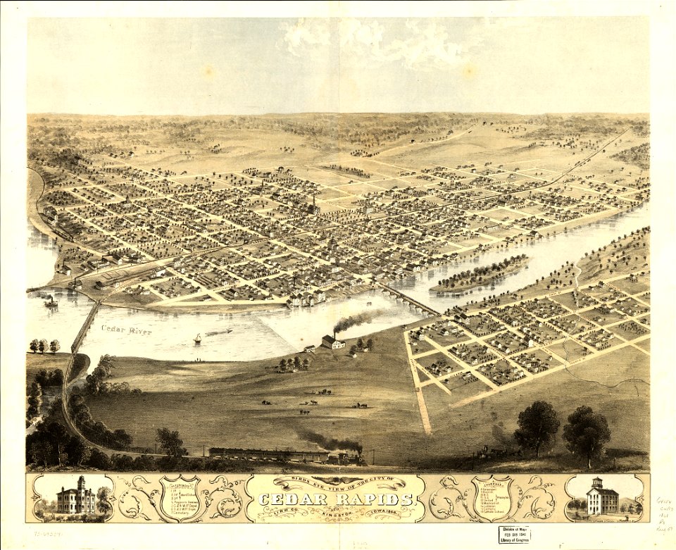 Birds eye view of the city of Cedar Rapids and Kingston, Linn Co., Iowa 1868. LOC 73693391