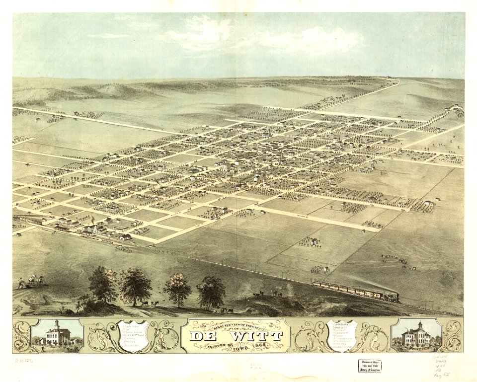 Birds eye view of the city of De Witt, Clinton Co., Iowa 1868. LOC 73693396