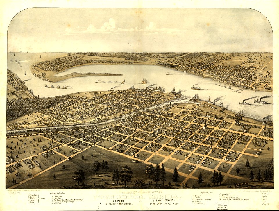 Birds eye view of the city of Port Huron, Sarnia & Gratiot, St. Clair Co., Michigan 1867 & Point Edwards, Lambton Co., Canada west. LOC 73693443