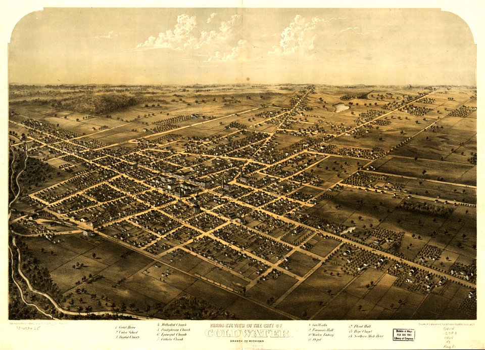Birds eye view of the city of Coldwater, Branch Co., Michigan. LOC 73693425