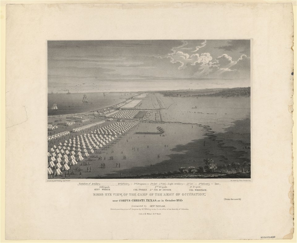 Birds-eye view, of the camp of the army of occupation near Corpus Christi, Texas, as in October 1845 (from the north) commanded by Genl. Taylor - drawn by D.P. Whiting, Capt. 7th Inf. ; on LCCN2003656328