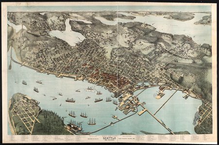 Birds' eye view of Seattle and environs, King County Wash., 1891, eighteen months after the great fire - drawn by Augustus Koch. LCCN2004670275