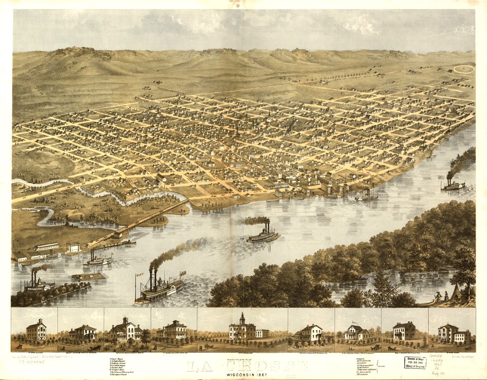 Birds eye view of the city of La Crosse, Wisconsin 1867. LOC 73694545