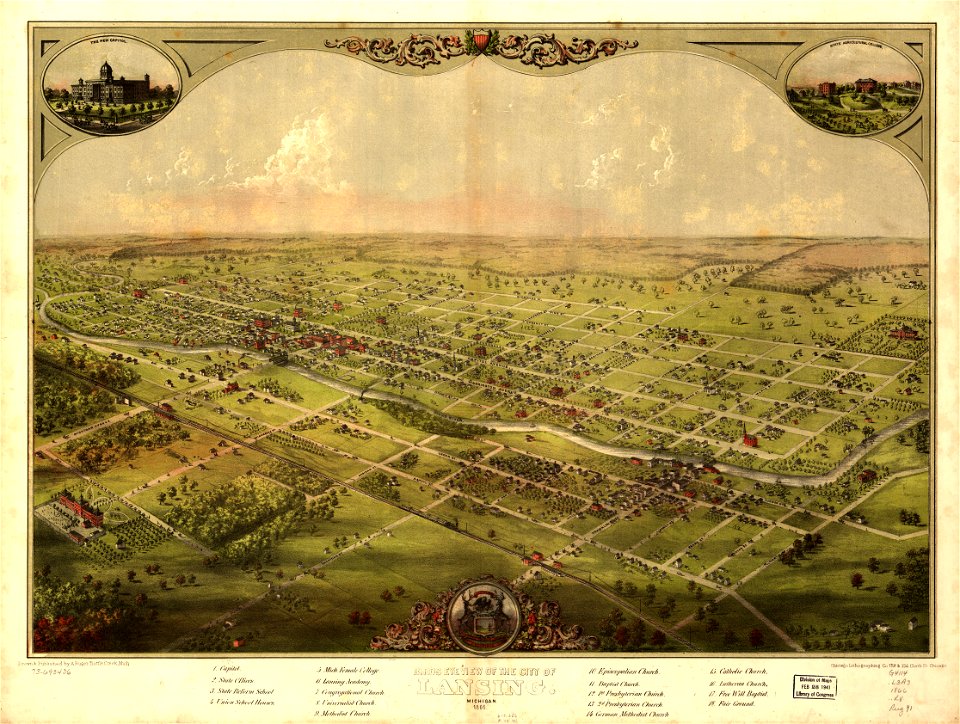 Birds eye view of the city of Lansing, Michigan 1866. LOC 73693436