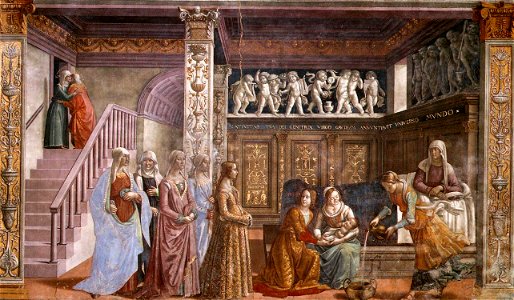 Birth of St Mary in Santa Maria Novella in Firenze by Domenico Ghirlandaio. Free illustration for personal and commercial use.