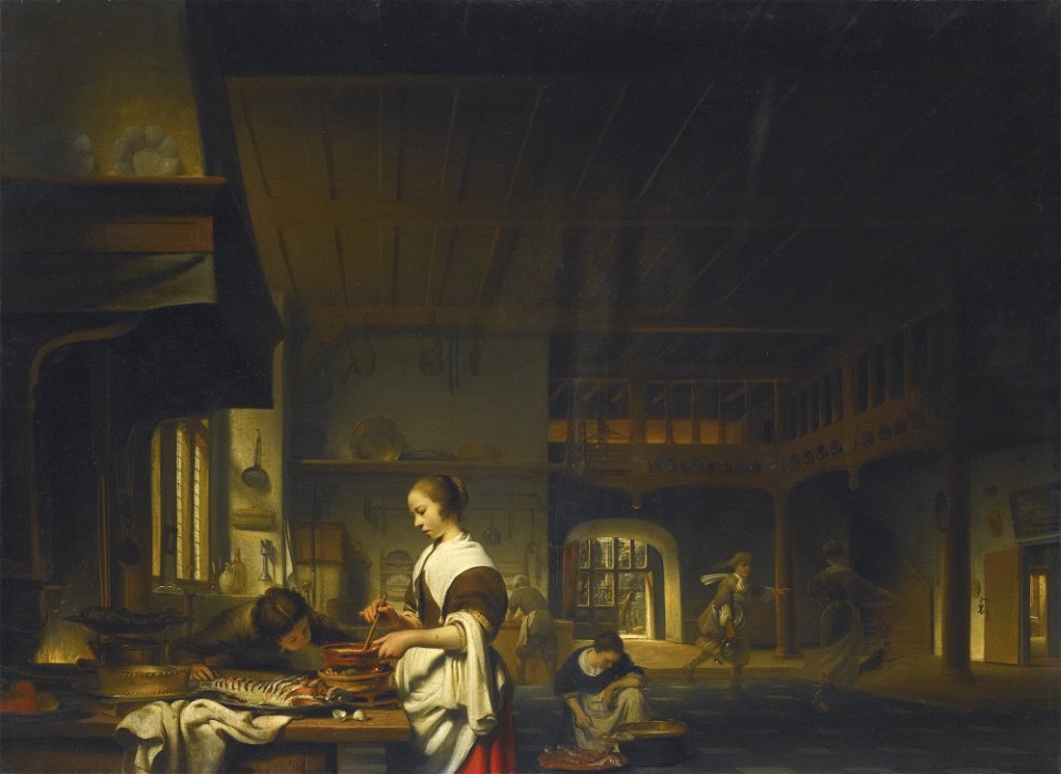 Cornelis Bisschop - Kitchen interior with a woman cooking and a boy blowing flames