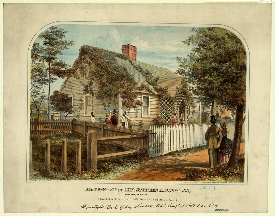 Birth-place of Hon. Stephen A. Douglass, Brandon, Vermont - Lith. of Robertson, Seibert & Shearman, 93 Fulton St., N.Y. LCCN2008680377