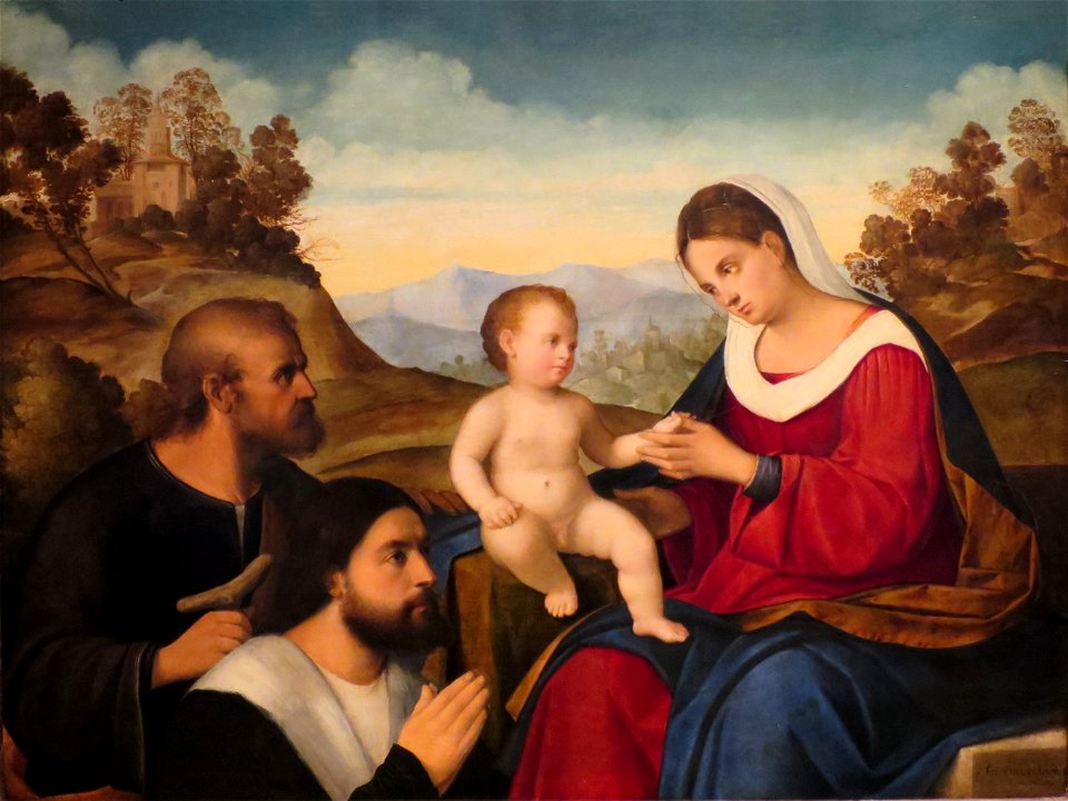 The Holy Family with a Donor in a Landscape by Pier Francesco Bissolo, early 1520s, dayton