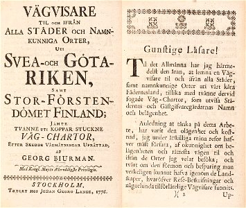 Biurmans vägvisare 1742 karta titel förord