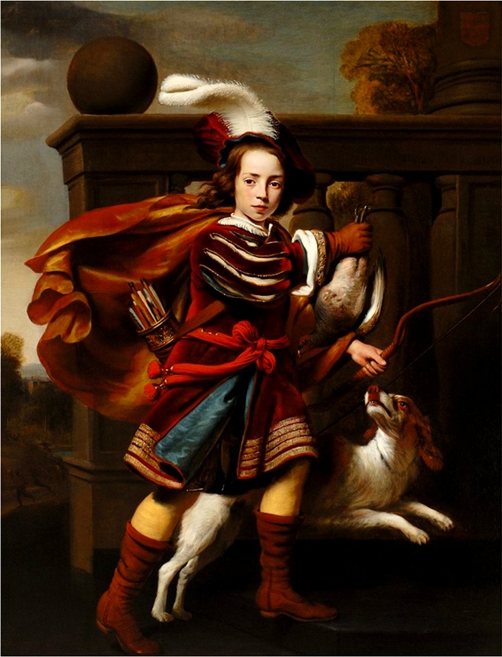 Cornelis Bisschop - Portret van een jongen als een jager met zijn King Charles Spaniel