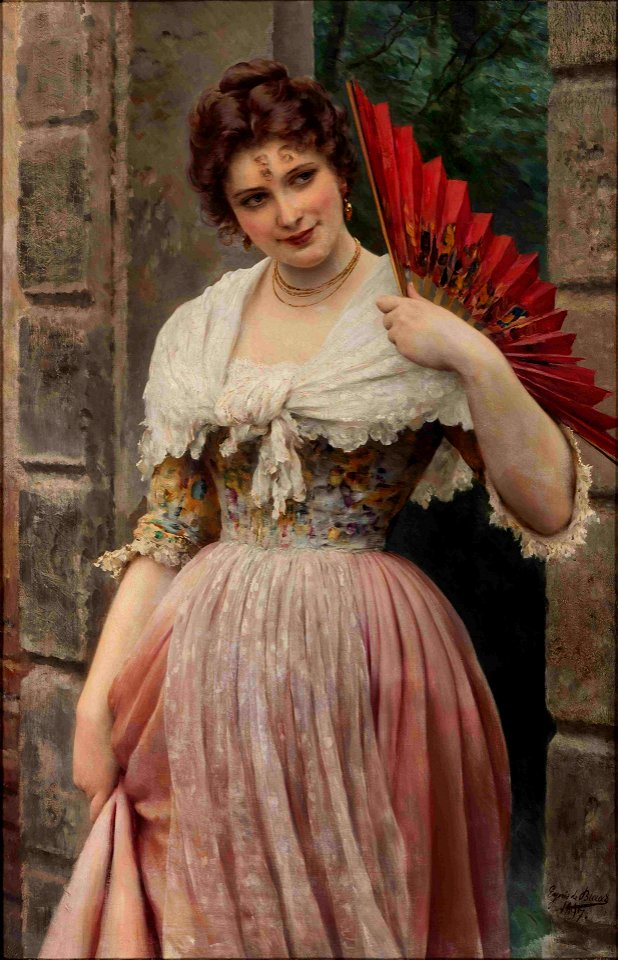 Portrait of a Woman with Red Fan by Eugene De Blaas, 1897