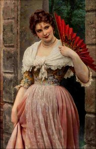 Portrait of a Woman with Red Fan by Eugene De Blaas, 1897