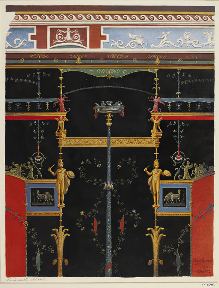 Black fresco with statuettes in Pompeii watercolor by Luigi Bazzani