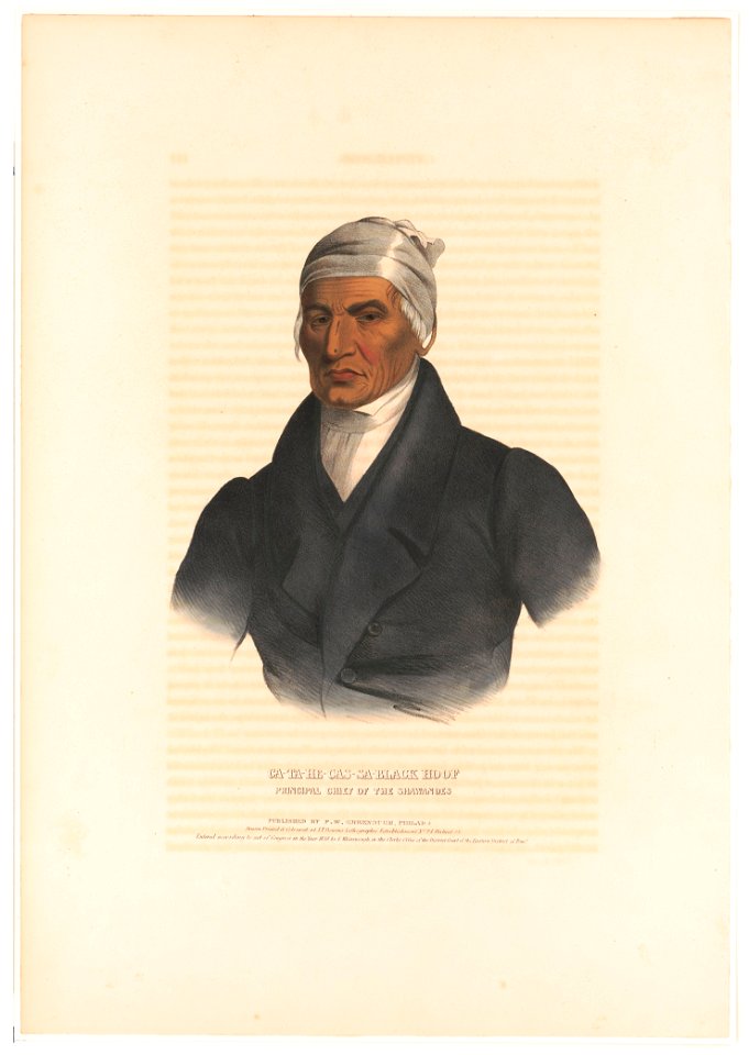 Ca-Ta-He-Cas-Sa-Black Hoof, principal chief of the Shawanoes - drawn, printed & coloured at I.T. Bowen's Lithographic Establishment. LCCN95502230