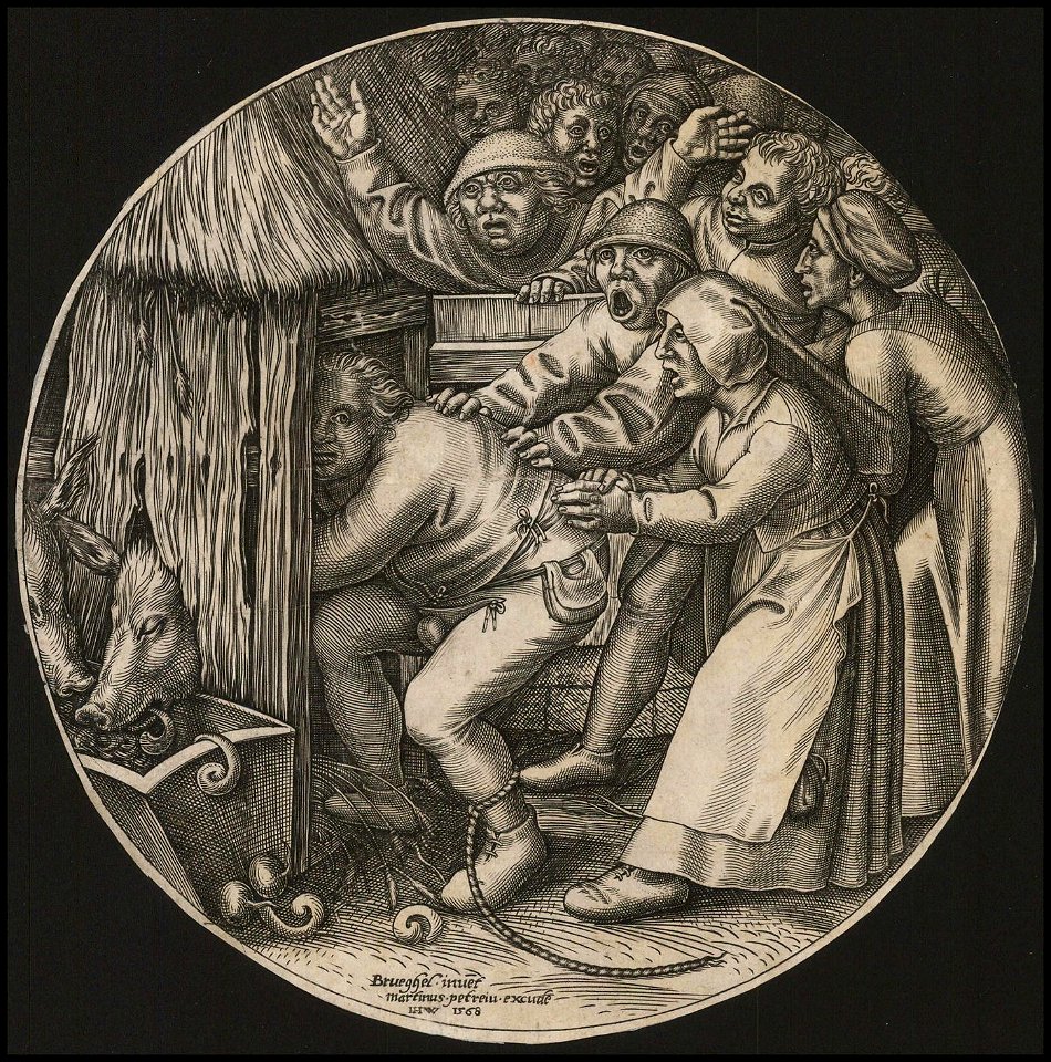 Ca. 1568 etching by Pieter Bruegel - The Drunkard Pushed into the Pigsty