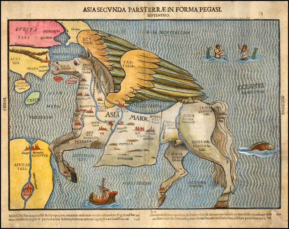 Ca. 1581 pictorial map by Heinrich Bünting, depicting Asia as Pegasus