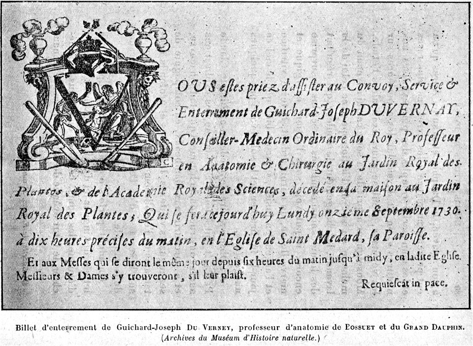 Cabanès, Éducation de Princes023 Billet d'enterrement de Guichard-Joseph Du Verney, professeur d'anatomie de Bossuet et du Grand Dauphin