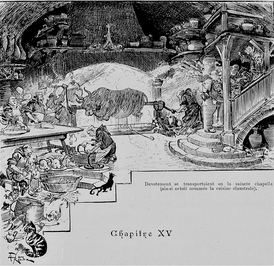 Cabale monastique en matière de boeuf salé - - Tiers Livre de Rabelais illustré par Albert Robida, chap. XV