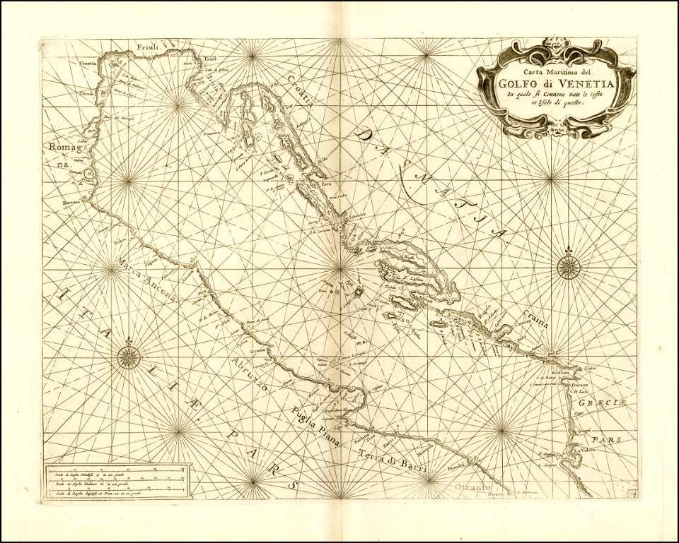 Ca, 1695 nautical chart of Gulf of Venice and Northern Part of the Adriatic Sea by Vincenzo Maria Coronelli