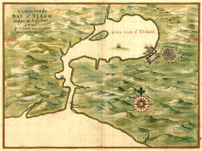Caerte vande Bay St. Tiago - gelegen op 't Eylant Cvba, op de Hoochtv van 20 1-2 graedt; aen de Zuyd land van Cuba. LOC 2003623400