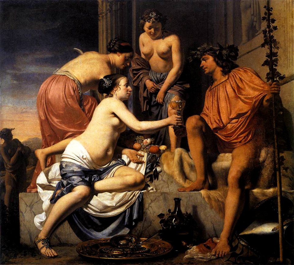 Caesar van Everdingen - Nymphs Offering the Young Bacchus Wine, Fruit and Flowers - WGA07573