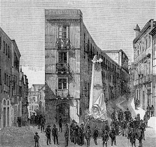 Cagliari – Il monumento ai Martiri dell’Indipendenza in piazzetta Villanova (xilografia)