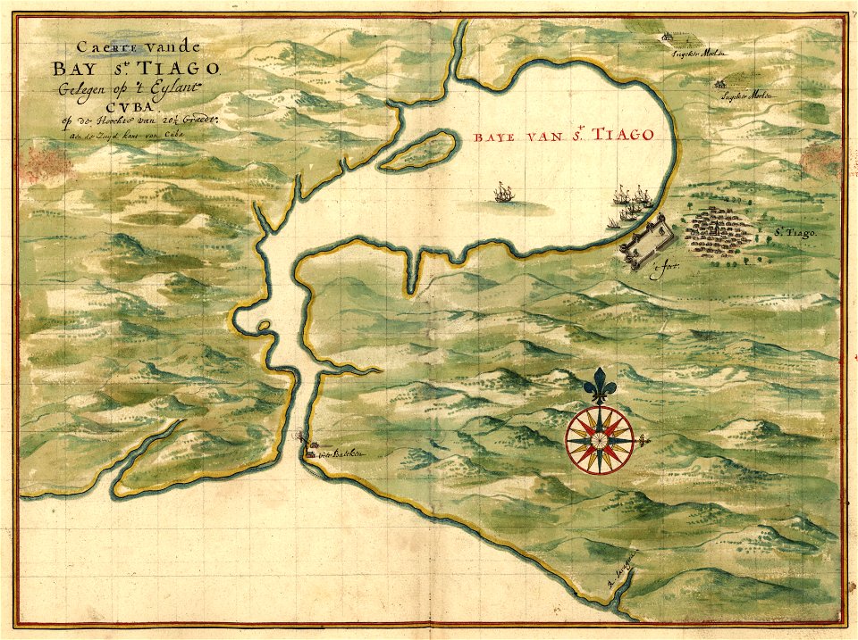 Caerte vande Bay St. Tiago - gelegen op 't Eylant Cvba, op de Hoochtv van 20 1-2 graedt; aen de Zuyd land van Cuba. LOC 2003623400