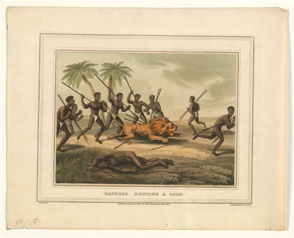 Caffres hunting a lion - Howitt del. ; Clark & Dubourg sculpt. LCCN2013646782