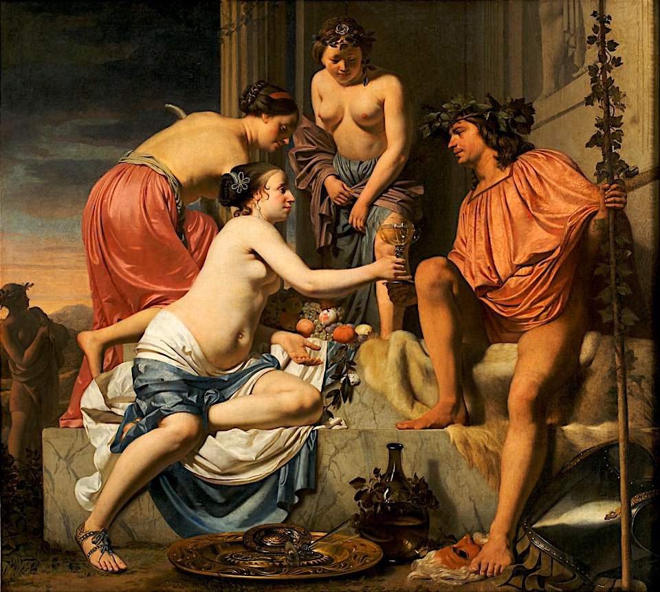 Caesar Boetius van Everdingen - Bacchus on a Throne − Nymphs Offering Bacchus Wine and Fruit - Google Art Project