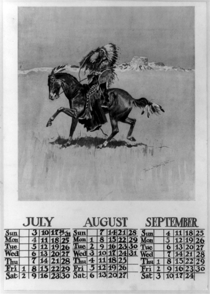 Calendar for July, August, and September 1898, showing Cheyenne war chief on horseback) - Frederic Remington LCCN89716087