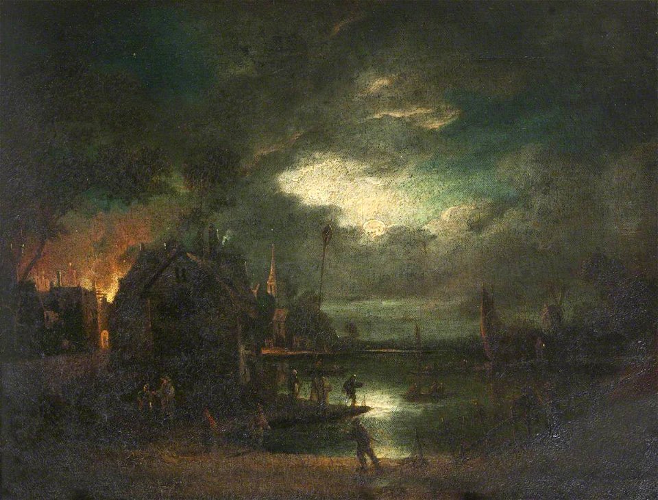 British (Norwich) School - Moonlit River Scene with a Building on Fire - 1401345 - National Trust