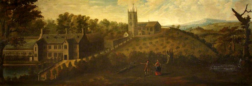 British (English) School - Westwood Manor House and Church, Wiltshire, in a Landscape with Two Rustic Figures - 222665 - National Trust