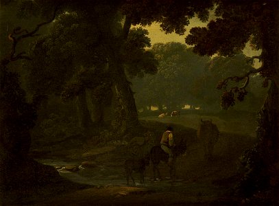 British (English) School - Wooded Landscape with a Herdsman Crossing a Stream on a Donkey - 1298331 - National Trust
