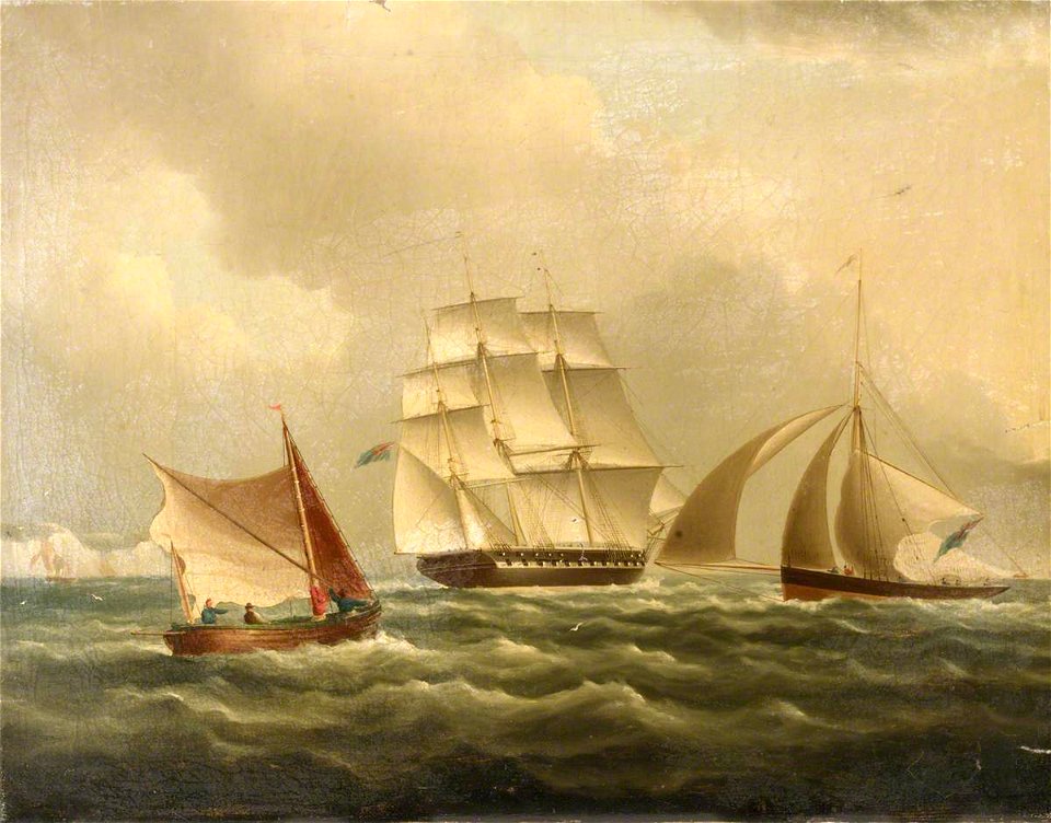 British School - A Frigate with a Cutter and Fishing Boat - BHC1110 - Royal Museums Greenwich