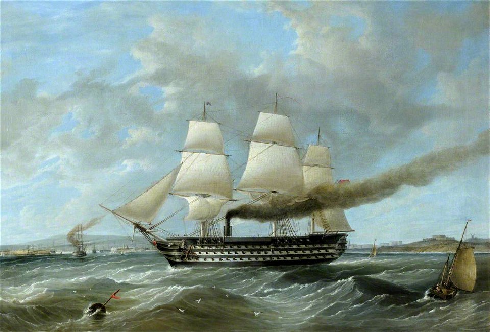 British School - A Three-Decker under Sail and Steam Entering a Harbour - BHC1237 - Royal Museums Greenwich