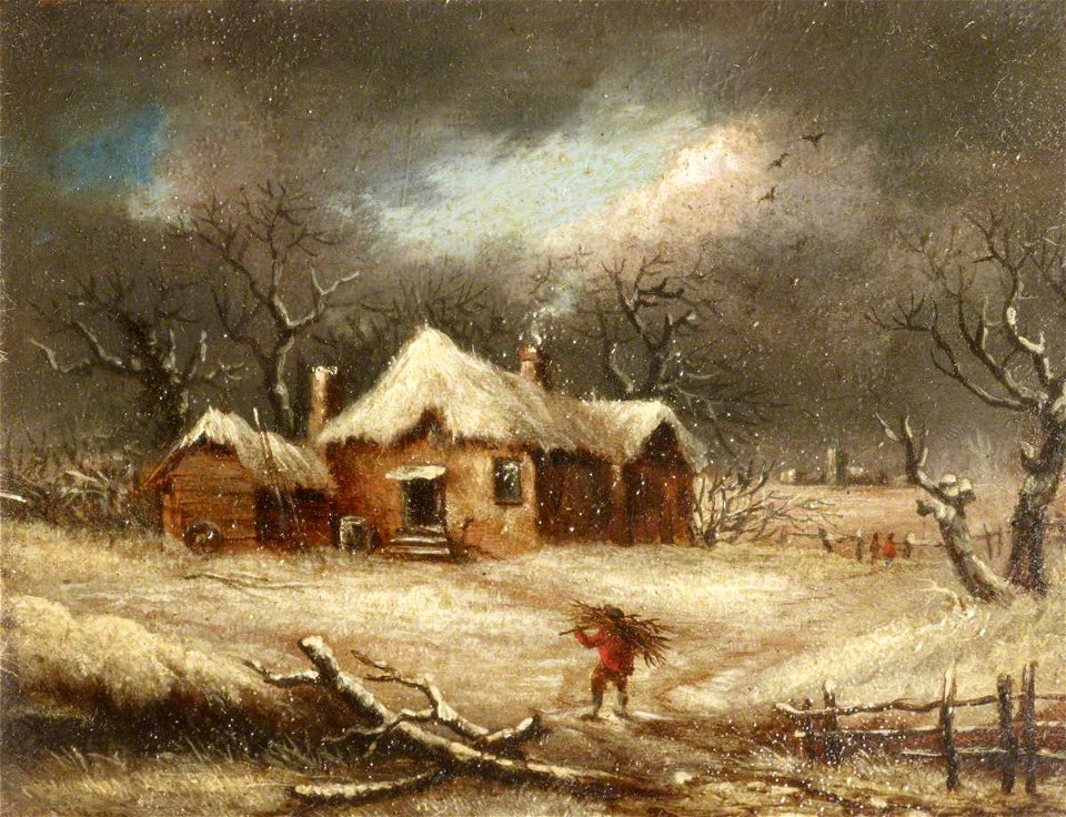 British School - A Cottage in Winter, with a Man Gathering Wood - 515723.6 - National Trust