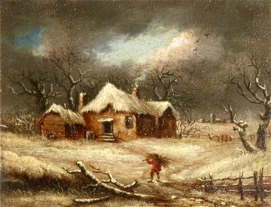 British School - A Cottage in Winter, with a Man Gathering Wood - 515723.6 - National Trust
