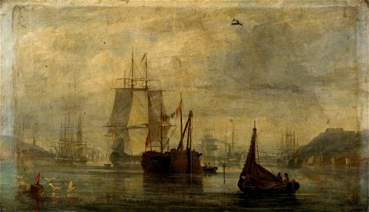 British School - A Hulk with Paddle-Steamers and Other Vessels in a Mountainous Bay - BHC1129 - Royal Museums Greenwich