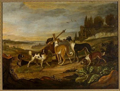 Cornelis Beeldemaker - Gundogs against landscape - M.Ob.1886 MNW - National Museum in Warsaw. Free illustration for personal and commercial use.
