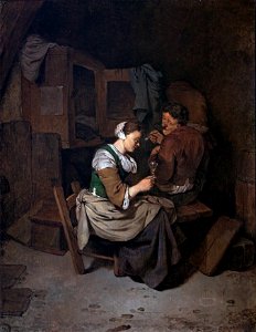 Cornelis Bega - Woman with wineglass and two male peasants - Google Art Project