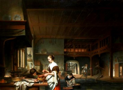Cornelis Bisschop - Keukeninterieur met vrouw die voedsel bereidt - DM-014-1046 - Dordrechts Museum