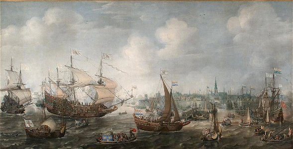 Cornelis Claesz van Wieringen - De aankomst van Frederik V van de Palts en zijn gemalin Elisabeth Stuart op 29 april 1613 te Vlissingen