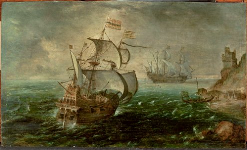Cornelis Claesz. van Wieringen - Sail boats on the sea - M.Ob.2172 MNW - National Museum in Warsaw. Free illustration for personal and commercial use.