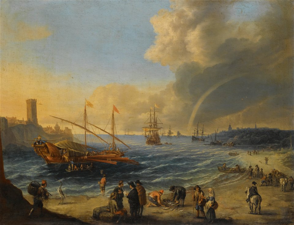 Cornelis de Wael - A Mediterranean harbour scene with an Ottoman barge and other boats, figures on the beach, a rainbow in the distance