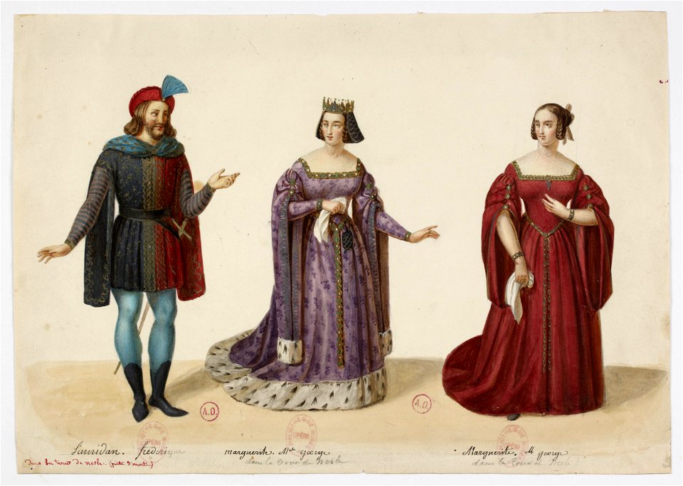 Costumes - Frederic Lemaitre as Buridan, Mlle George as Marguerite de Bourgogne (La Tour de Nesle, September 1832)
